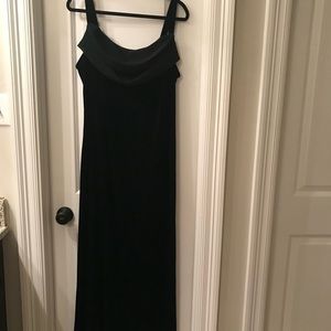 Long formal stretch black velvet dress w/ chiffon bodice